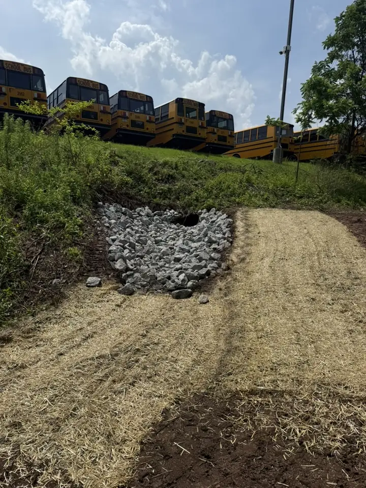Erosion control blanket installed in a drainage swale