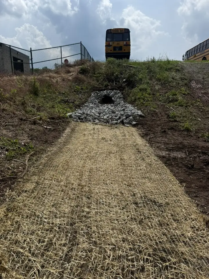 Stormwater swale stabilized with an erosion control blanket